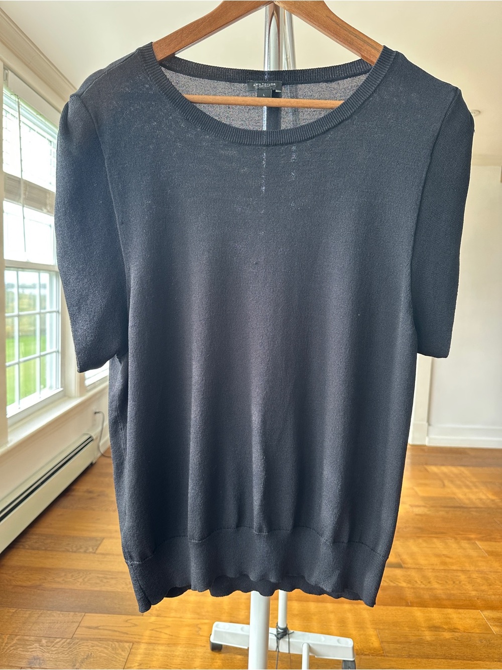 Ann Taylor Black Short-Sleeve Knit Top, Crew Neckline, Loose Fit